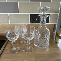 A beautiful set of crystal glasses and matching decanter. Although the image shows 3 glasses, there are actually 4 - I had already bubble wrapped them and packed away before I found the fourth. Stunning design, very well looked after. These have never been used, have just been sat in a display cabinet for years. 

Open to reasonable offers. This set was my grandads so I would like it to go to a home where it can be appreciated. He originally paid around £225.