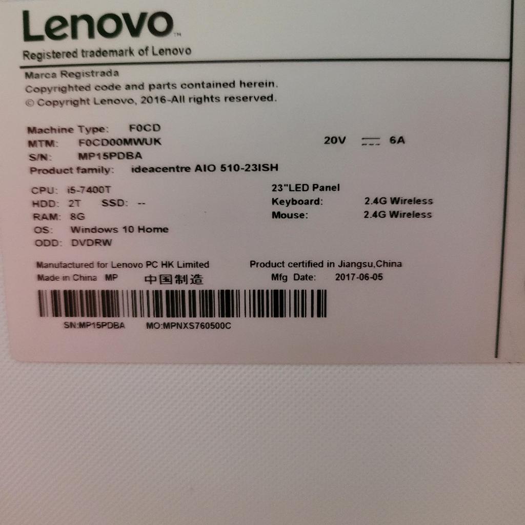 Hi for sale lenovo lenovo ideacentre Aio 510-231SH processor Intel Core 5 (7 generation) (2.40GHz) hard drive 2TB Operating system windows 10. screen size 23 inch. 8gb.ram. Nvidia GeForce 920MX The computer is in excellent condition , the collection is on Wa12 0nl Newton-le-Willows.