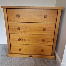 lovely good quality Boori nursery furniture.
wardrobe comes with hanging rail and 2 shelves. chest of drawers also comes with changing table that attaches to the top (this has been taken off as our child got bigger). both of these cannot be broken down. The the sides on the cotbed can come off to convert to a bed. 

Any questions welcome
