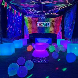 Make your partys special and create your  own nightclub uv rave tent ,

£350 includes
Set up / decorate / dismantle 
6x3m heavy duty gazbo with choice of 3 fronts  ( suitable for at least 20 people ) with tarpaulin if on grass ( hard flooring will be available soon at cost  ) 
4 back drops ( choice of 20 ) 
1 huge rainbow backdrop 
Full ceiling stretch 
Uv lighting / balloons / decorations 
X2 led Flame machine 
Uv floor runner 
6 led cube seats 
2 led tables 
2 curved benches 
Huge loud  bluetooth speaker with built in disco lights 
Personalised moving led sign ( choose your own words ) 
Smoke/fog machine 
Disco/laser lights 
 
Add a huge led bar & 2 bar seats for £50 

Add 4ft large led party letters £80 

WANT TO GO EVEN BIGGER 
well we can do 2 6x3tents together making 6x6metres with double of everything shown at top minus speaker as have 1 already and will hold over 40 people for £650