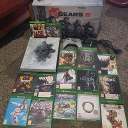 OFFERS...Gears of War 5 edition xbox one X console(fully working) with original box with gears of war downloadable games card(gears of war, gears of war 2,gears of war 3, and gears of war judgement)
controller is missing back cover has rechargeable battery pack! 14 games.
Gears of war 4,Farcry primal,Rainbow Six Seige,Dying Light,Fallout 4,Skyrim The elder Scrolls V special edition,The elder scrolls online,Shadows ofMordor,CoD ghosts,CoD blk ops4, Avengers,MicroMachines,Rare Replay30in1,Fifa19