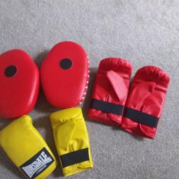 2 sets of Lonsdale boxing gloves and sparring pads, all in great condition, yellow pair is xs and red pair is size large. collection only please