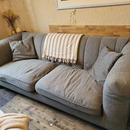 Large 2 seater couch, easily seats 3 people
Wooden feet & 2 matching cushions
There are slight signs of wear on the feet

Length 211cm
Depth 86cm
Heigh 73cm

COLLECTION ONLY
cash on collection only