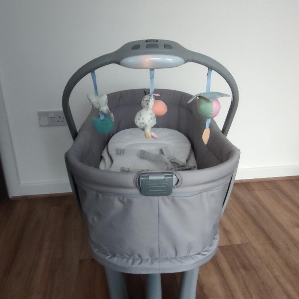 Chicco baby 4in1 crib with music and lights - perfect conditions.
 Cleaned and ready to use with a mattress, includes two sheets and two bags of rattles and toys for free

 Easy to carry from one place to another, adjust height and position.Smoke and pet free home.

 Collections and cash only.
