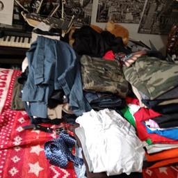 Job lot of cloths jeans 10 size 32_34 1 Humber 2 hoodles 2 shirts 1 tie 8 big t shirt shells 9 normal t shirts 48 charley shirts m 5 large so they are lots 9 pairs of trainers size 8 pick up only from b21