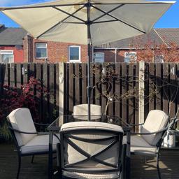 Had for two years - in great condition
Comes with parasol (240cm), one parasol arm slightly bent but works fine, parasol weight, 4 chairs and cushion covers - there is a couple slights marks on the cushion covers but nothing big- still look perfect in person
Pick up only
100x100 cm table
Chairs - 59cm wide 82cm high 55cm depth