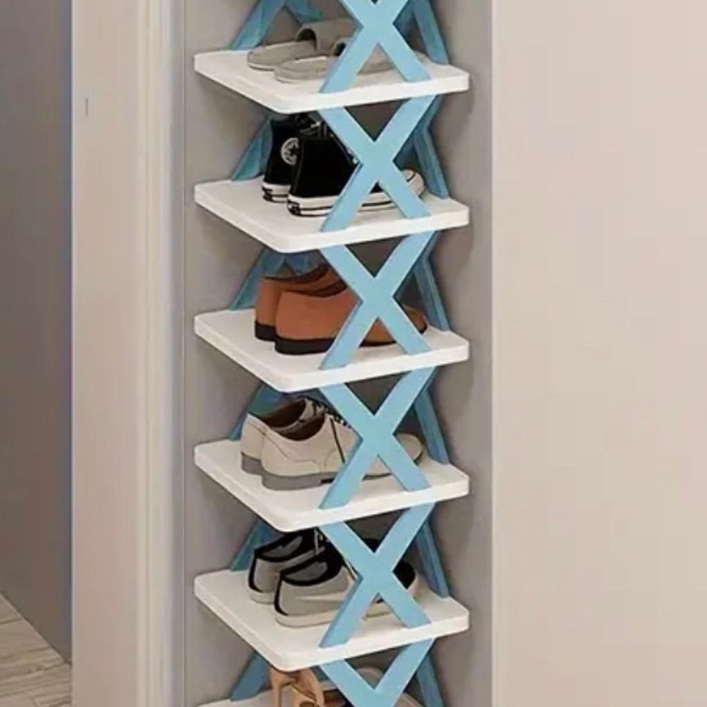 Plastic White & Pale Blue folding Shoe Rack ideal for temporary use or whilst letting or for a spare bedroom, hallway