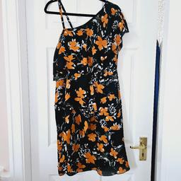 Floral pattern dress, one strap sleeve and one ordinary sleeve, ruffle style front and side zip fastening, size 14..NEW without tags.

cash and collection only, thanks.
possible delivery to Conisbrough on Saturday mornings only around 11 am.