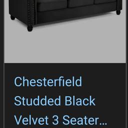 Black soft velvet chesterfield 3 seater sofa, chair and pouffe. Good condition. 
the material is ripped underneath the pouffe but can't see it at all. 
200£ ono
can send original pictures