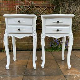 This gorgeous pair of French Style bedside tables is in a great used condition, with just a few tiny dents, nicks, marks and scratches. Still a lovely pair to own. Please see photos.


Featuring a French-inspired design with ornate floral detailing on bottom, this range boasts a distressed look, with a distressed hand painted French white colour and will add an elegant touch to any room.

Featuring TWO drawer each, with lovely metal knobs  

Measurements:

W: 39 X D: 31 X H: 68cm

Viewings, more photos or have questions please let me know.

Please see my other listings

Collection from Sunbury, Surrey, or you can arrange your own courier
