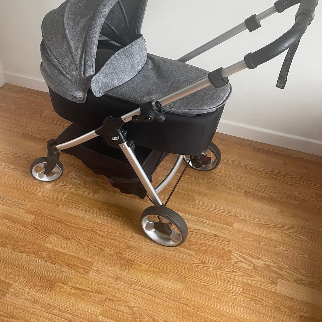 Mamas and Papas FlipXT2 Grey Marl travel system

Included :
•Black Car seat
•Isofix base (not pictured but can provide one if needed)
•Carry cot with cover (hardly used)
•Push chair and bumper bar- can face either way, with a lie-flat option
•Adaptors to attach car seat to pram
•Cup holder
•Rain cover (has a hole in, can provide picture)
•Parasol

Has been used but in a good condition.
There are small holes in the pram basket (shown in last picture) but they’re not big enough to affect use. Can be used in three different ways (car seat, carry cot and pushchair)
It’s really easy to fold down, can be done with one hand.

The hood has an optional air vent and a small window so that you can see baby when facing away.

Non-smoker/ pet free household

Collection only