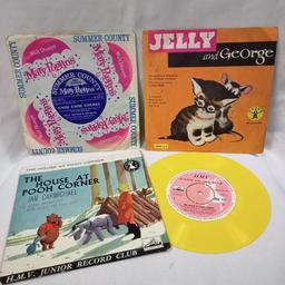 CHILDRENS VINTAGE VINYL 7" RECORDS, 'THE HOUSE AT POOH CORNER' YELLOW VINYL, MARY POPPINS 'CHIM CHIM CHEREE' & JELLY AND GEORGE DANDY RECORDS.