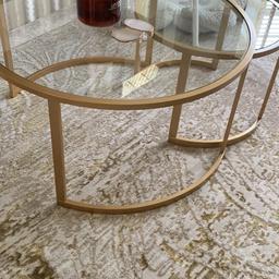 Brass round tables Originally bought and still selling online at £257 , one big table , one medium table , big table has minor imperfection as shown in the picture , no major damage and very sturdy tables , glass will come off to transport . Measurements are as follows big table diameter 90cm height 46cm medium table diameter 58cm height 40cm 