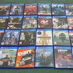 Games are for PlayStation 4 consoles.

Good and clean condition.

Full working order.

Prices are set as below starting from £5 each.

Collection is from Walsall.

Cam post for extra.

God of War - £10
Ghost of Tsushima - £15
Need for Speed - £10
Resident Evil 2 - £10
Resident Evil 7 Biohazard - £10
Last of Us - £15
Marvel SpiderMan - £15
Uncharted 4 Thief's End - £5
Wolfenstein YoungBlood - £5
SIMS 4 - £5
Dirt 4 - £10
Dying Light Wnhanced Edition - £10
Lego Batman 3 - £10
Lego Jurassic Park - £10
Shadow of the Colossus - £10
Devil May Cry 5 - £10
Euro Fishing - £15
Kingdom Hearts 3 - £5
Gran Turismo Sport - £10
Uncharted Collection - £10
The Crew 2 - £15
Mortal Kombat X - £10
Call of Duty Black Ops 3 - £10