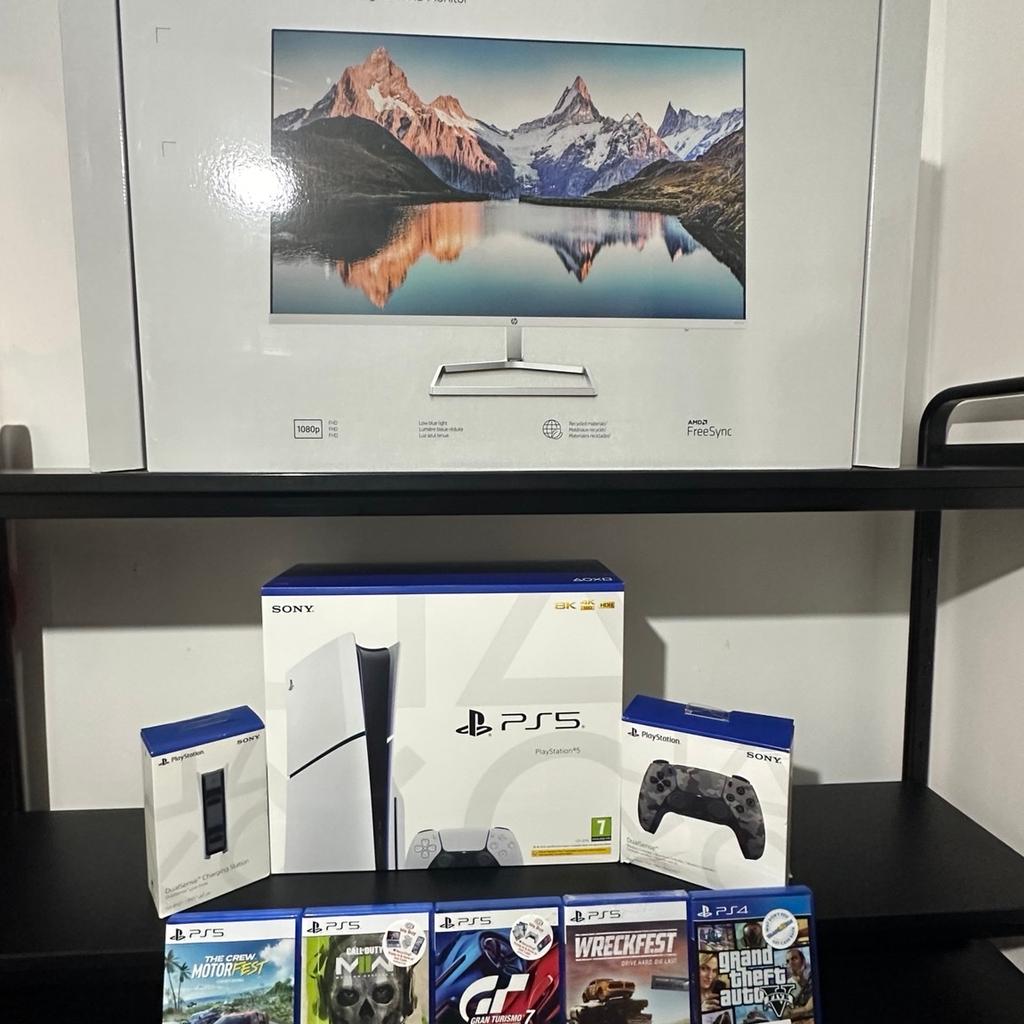 Items can be bought separately!

Ps5: Box contents
- Sony PlayStation 5 Model Group
- DualSense wireless controller
- Horizontal stand feet x 2
- HDMI cable
- USB cable
- AC power cord
- Printed materials

Monitor: HP M32f Full HD 31.5" VA LCD Monitor - Black & Silver

Full HD 1920 x 1080p
Refresh rate: 75 Hz
Response time: 7 ms
Input: HDMI / VGA

Comes with: additional 6 Games, extra Ps5 Sony controller and controller charger.

PS5 includes 5 Years warranty
Monitor includes 3 Years warranty
Controllers includes 3 Years warranty.