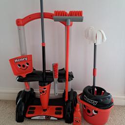 Childrens Henry Cleaning Set. Comprises of trolly on wheels, 2 types of mop, bucket, bottle, long handle brush, dustpan, and hand brush. Hardly used, so very good condition. Cash Sale and Buyer to collect please