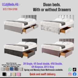 🛌 Beds Available In Different Sizes.
3ft Single.
4ft Small double.
4ft6 Double.
5ft Kingsize.
6ft S-King. 

🎨 Available In many Colours
Light grey, Dark Grey, Mink, Blue, Silver 
Black, White, Champagne, pink.

!Spring and Memory foam Mattresses available!

Payment Method
: Cash.
: Card Payment.
: Bank Transfer.
(A small deposit may be required).

Delivery
🚛 we provide Swift and timely delivery to your doorstep. Charges may apply depending on distance (Postcode).