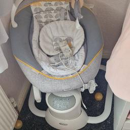 In very good condition, baby loved it. Chair moves and you control setting to which movement you want. Chair also vibrates. The chair also plays white noise and music, depending on what you choose. The chair also has 3 different height setting to sit baby up or lie down. Fantastic for any Baby.