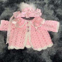 Handmade cardigan pink with bonnet 0-3 months