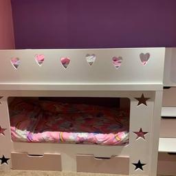 Bunk beds with drawer storage underneath and in the stairs. Custom made with cut outs. Mattresses not included. Will need repainting. Originally painted with Valspar. Collection Balby. Will dismantle but happy for you to view assembled first.