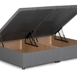 Size: Double 
Divan base, gas lift ottoman storage bed, charcoal grey, fabric - £300

Ikea storage headboard, White - £75
