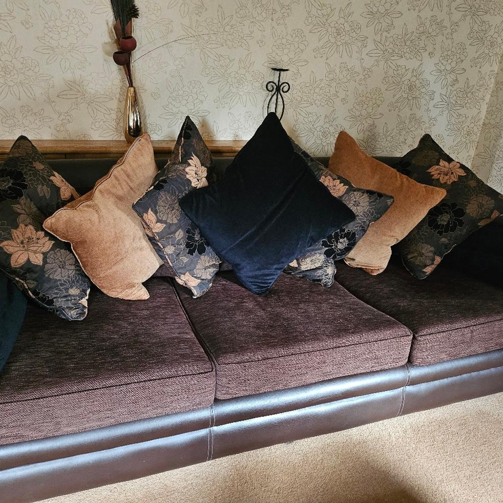 4 SEATER AND 2 X 3 SEATER DARK BROWN FABRIC AND LEATHER SETTEES
Settee
Big one
Length2700 mm
Depth 920mm
Height 800mm
Seat depth 750mm

3 seaters
Length 2000mm
Depth 900mm
Height 800mm
Seat depth 750mm
In excellent condition
Collection only