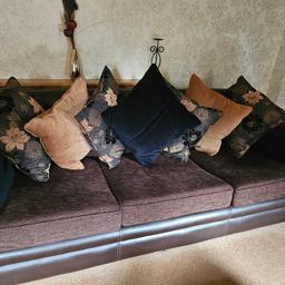 4 SEATER AND 2 X 3 SEATER DARK BROWN FABRIC AND LEATHER SETTEES
Settee
Big one
Length2700 mm
Depth 920mm
Height 800mm
Seat depth 750mm

3 seaters
Length 2000mm
Depth 900mm
Height 800mm
Seat depth 750mm
In excellent condition 
Collection only