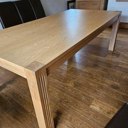 Large extending dining table handmade in oak with 6 chairs. In excellent condition
Dining table not extended
Length 2200mm
Height 770mm
Width 1100mm
Extension adds on another 530mm wide