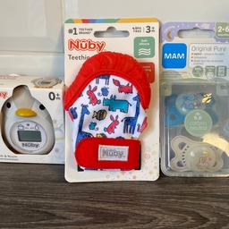 All brand new. Nuby bath/room thermometer, a teething mitt and a set of MAM dummies. Cash on collection please. Grab a bargin great for a gift to a new parent