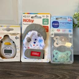 All brand new. Baby bath/room thermometer, a teething mitt and a set of MAM dummies. A perfect gift for a baby shower/ gender reveal. I keep my prices as low as possible. Cash in collection please from nn3