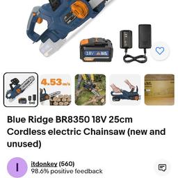Brand new, boxed with instructions. 18V cordless chainsaw - Blue Ridge. 
collection or delivery.