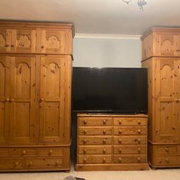 Great quality solid pine wardrobes and chest of drawers.

Triple Wardrobe - 148cm Wide x 239cm High x 55cm Deep
Double Wardrobe - 90cm Wide x 239cm High x 55cm Deep
Chest of Drawers - 122cm Wide x 92cm High x 47cm Deep