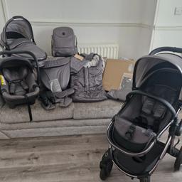 Open to offers 

Pick up Only. Bundle includes...

Carrycot & Raincover 
Car Seat with Pram base attachments 
Pushchair Base with raincover 
Pram Bag
Changing mat
Push chair fur seat liner - unused in box
Winter Footmuff with Bag 
 
3 month use out-of carrycot base 
7 month use out of push chair base 

Paid £1599