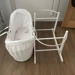 Mamas and papas Moses backer with clair de lune rocker stand.
Great condition, a few parts where the paint has chipped but very easy to touch up as no damage to the item itself.

Paid £160 for it all 1 year ago.

Comes with Moses basket mattress and sheet and also inner lining for the basket. (Paid Extra £40)

Can deliver locally for fuel cost 