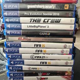 WWE 15+17 10€
FIFA 15+16+18+21 20€
Need For Speed Rivals 8€
Project Cars 5€
Little big Planet 8€
The Crew 4€
PES 2016 4€
GTA5 12€
Drive Club 6€
COD Black ops 3 10€