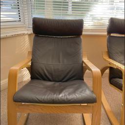 Poang rocking chair with dark brown leather seats for sale. Used but in good condition. A brand new chair from IKEA is currently selling for £250.