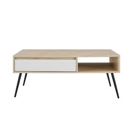 Show off your city-inspired taste with the Birchwood Oak Drawer Coffee Table. The angled, powder coated metal legs and fluted drawer front create an urban, contemporary look to elevate your living room, den or home office. Tuck remotes, electronic accessories, or coasters within the drawer for a tidy aesthetic anyone can appreciate. 
L 111.76cm W 55.5cm H 46.3cm