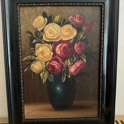Ölgemälde Rosen in einer Vase von H. Schüler mit Rahmen. 
Hans Schüler war Maler der ersten Hälfte des 19. Jahrhunderts. 
Maße 33cm x 44,5cm, Rahmen 4cm