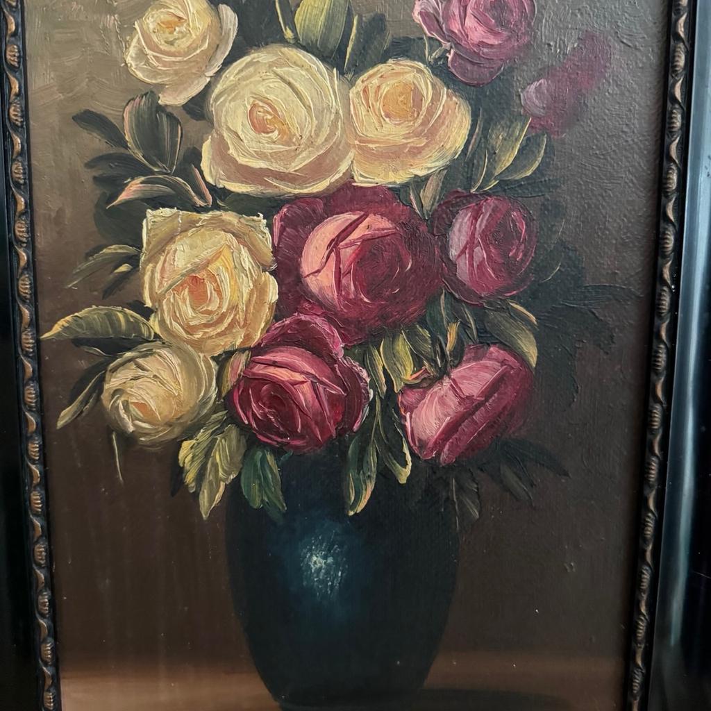 Ölgemälde Rosen in einer Vase von H. Schüler mit Rahmen.
Hans Schüler war Maler der ersten Hälfte des 19. Jahrhunderts.
Maße 33cm x 44,5cm, Rahmen 4cm