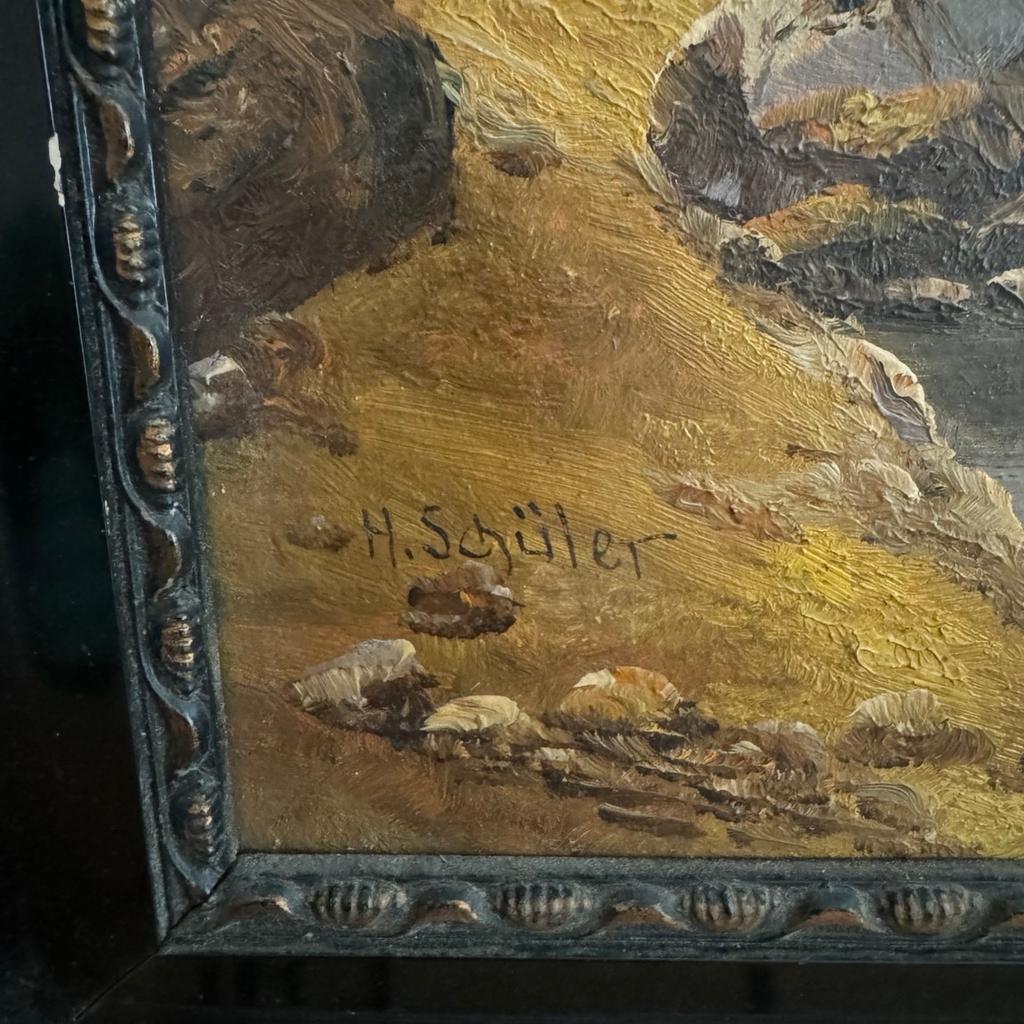 Ölgemälde See mit Berge von H. Schüler mit Rahmen.
Hans Schüler war Maler der ersten Hälfte des 19. Jahrhunderts.
Maße 34cm x 44cm, Rahmen 4cm