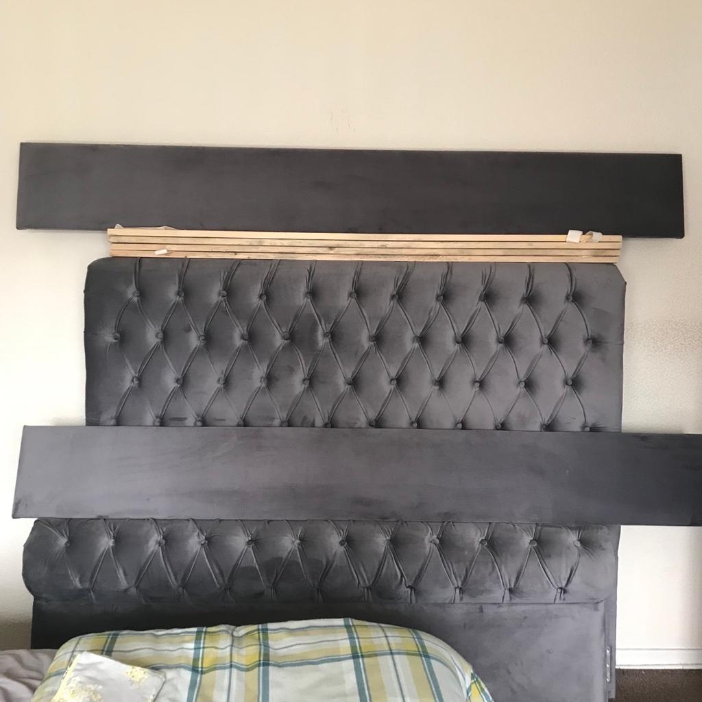 Selling for someone else new double bed (velvet) slatted base, the back of the headboard was damaged bringing it in the house (as shown) but doesn’t affect the bed, pick up only