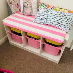 The Ikea toy storage bench is in very good condition. Comes without boxes. If you like you can take the stripe cushion with it.