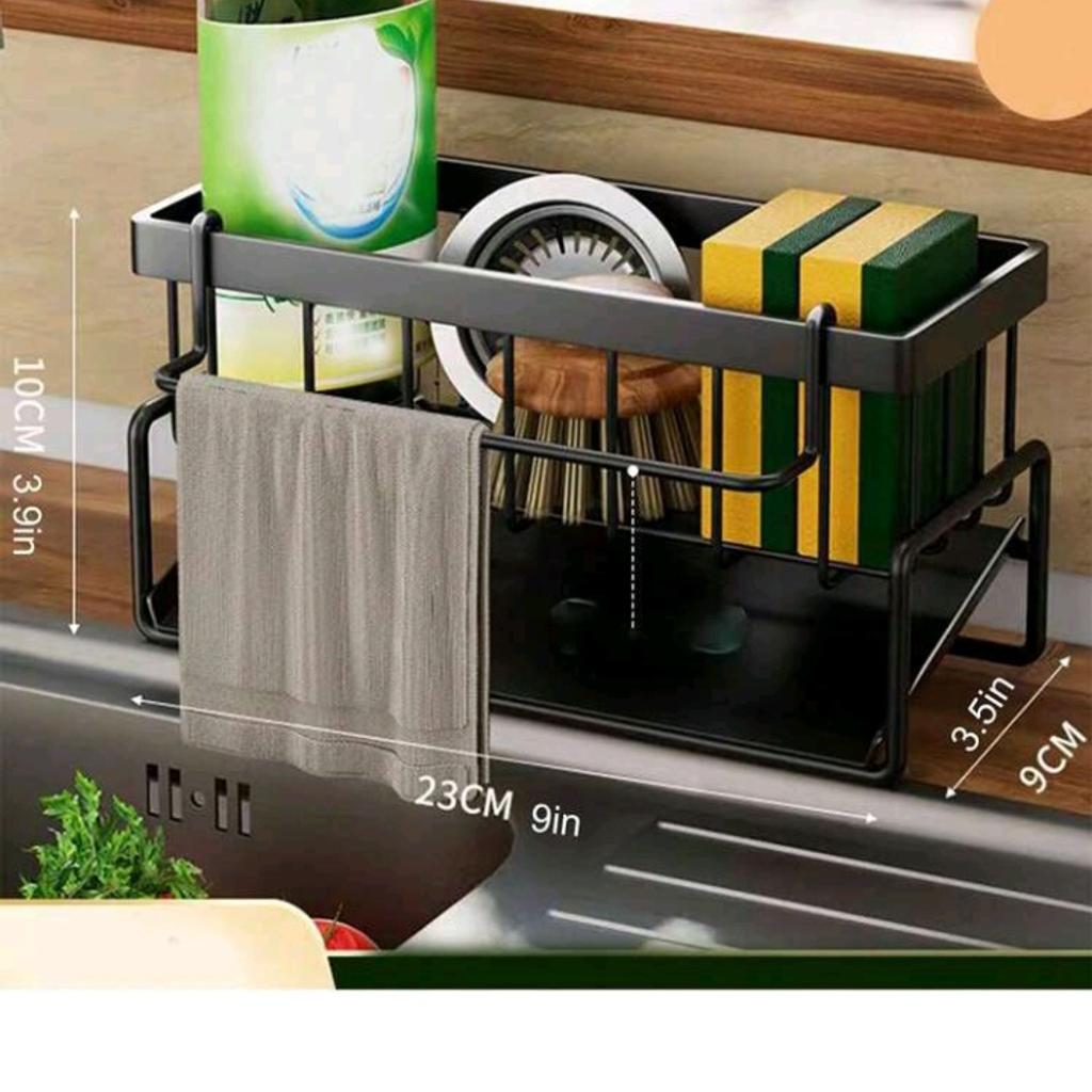 black sink drain rack, plastic material, hanging design for cloth, space saver and organiser. suitable for kitchen countertop, laundry sink and bathroom. vanity multi purpose use.
measurements on pic