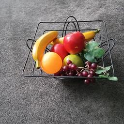 Beautiful black metal square fruit bowl with plastic fruit, size 10"x10" & 5" high from pet and smoke free home dy6