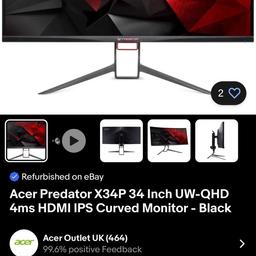 Acer x34 curved gaming monitor
No scratches or dead pixels 
Perfect condition
Built in red LED lights 
Built in speakers 
Can deliver locally