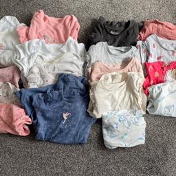 All used but in good condition

There is:

1 set of pyjamas 
11 short sleeved body suits
4 long sleeved T-shirts
3 short sleeved T-shirts. 

Smoke free home

Collection only 

£15