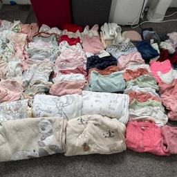 All used but in good condition. 

There is:

2 hats
1 pair of shorts 
6 pairs of trousers
8 pairs of tights
12 pairs of socks
4 long sleeved body suits
3 long sleeved T-shirts
21 short sleeved body suits
5 jumpers
11 T-shirts
9 dresses
17 long sleeved and legged sleep suits
5 sleep bags
1 cardigan
2 swimming costumes 

Smoke free home 

Collection only

£50