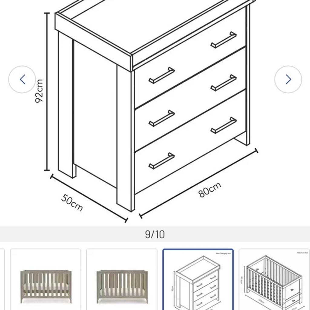 Cotbed and Changing unit furniture set in ‘oatmeal’. Good condition. Changing unit can also be used a drawers as pictured.