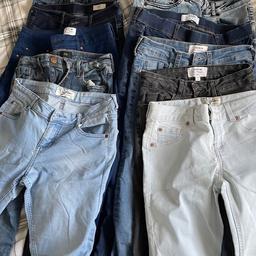 Can send more photos. Mixture of Miss Selfridge jeans, 1 pair of river island Jean, 1 pair of Dorthy Perkins jeggings and 1 pair of cropped jeggings. A few never worn (miss Selfridge ones), some worn a handful of times and some well worn (the ripped jeans). Three pairs have some marks on them (I think they will wash out). Collection only. Cash on collection. ME158