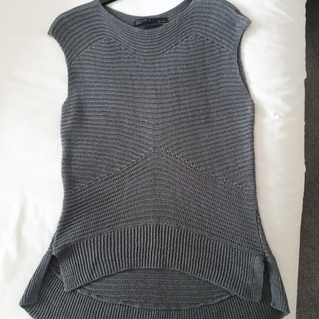 All Saints sleeveless Jumper
Longer at the back
Colour- Sage Green
Size more like S although says M
Lovely Ribbed Pattern
Never worn
Excellent condition
Collection only